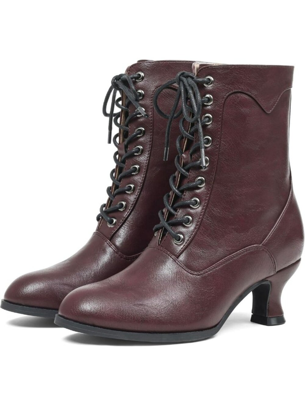 Chic Women's Victorian Ankle Boots - Mid Calf, Round Toe, Chunky Heel, Lace Up